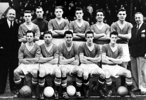 Sport. Football. England. 1957. Manchester United FC (League Champions and FA Cup Finalists). Back Row: Matt Busby (Manager), Eddie Colman, Ray Wood, Mark Jones, Bill Foulkes, David Pegg, Duncan Edwards, Jimmy Murphy (Assistant Manager). Front Row: Johnny